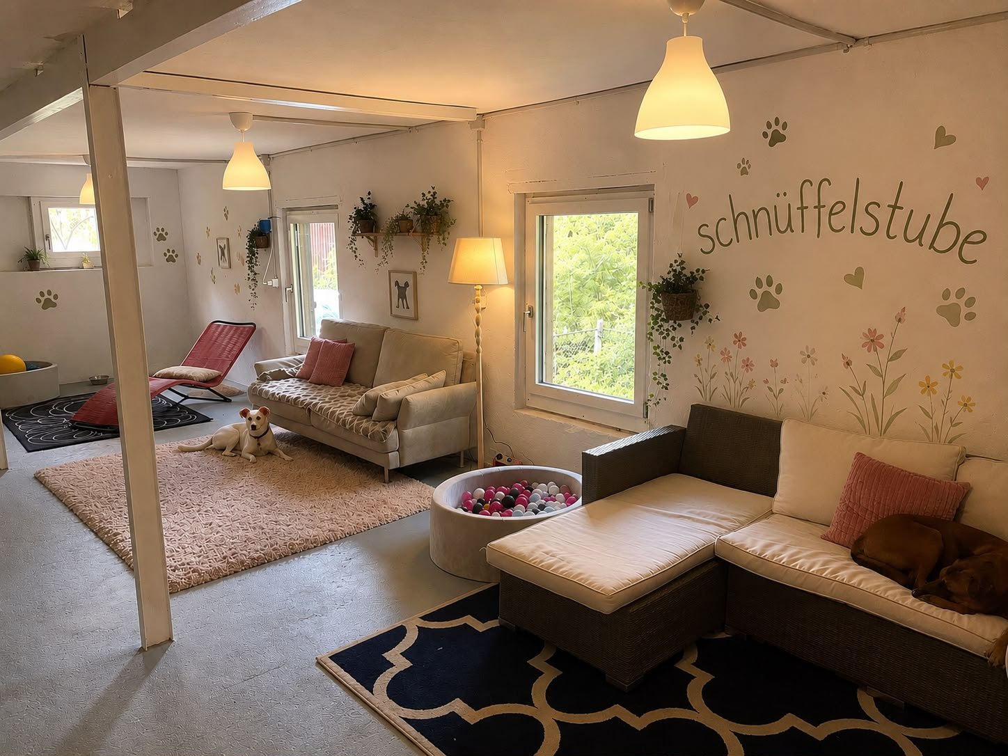 Die Schnüffelstube von innen: Sofas, Bällebad und Ruhezonen mit gemalter Wand